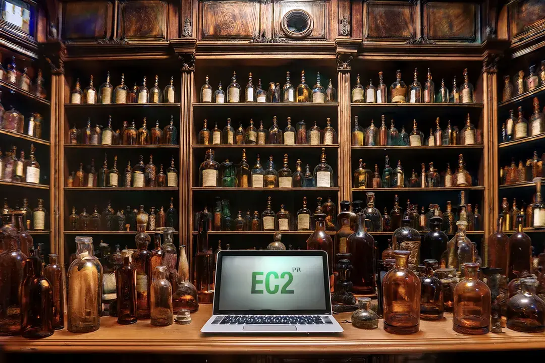 Vintage apothecary shelves filled with glass bottles behind a laptop displaying EC2 PR on a wooden counter.