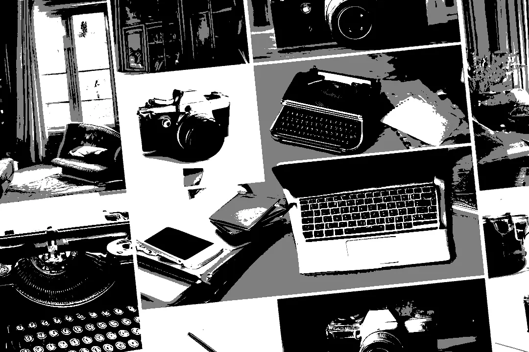 A collage of cameras, typewriters and laptops in black and white